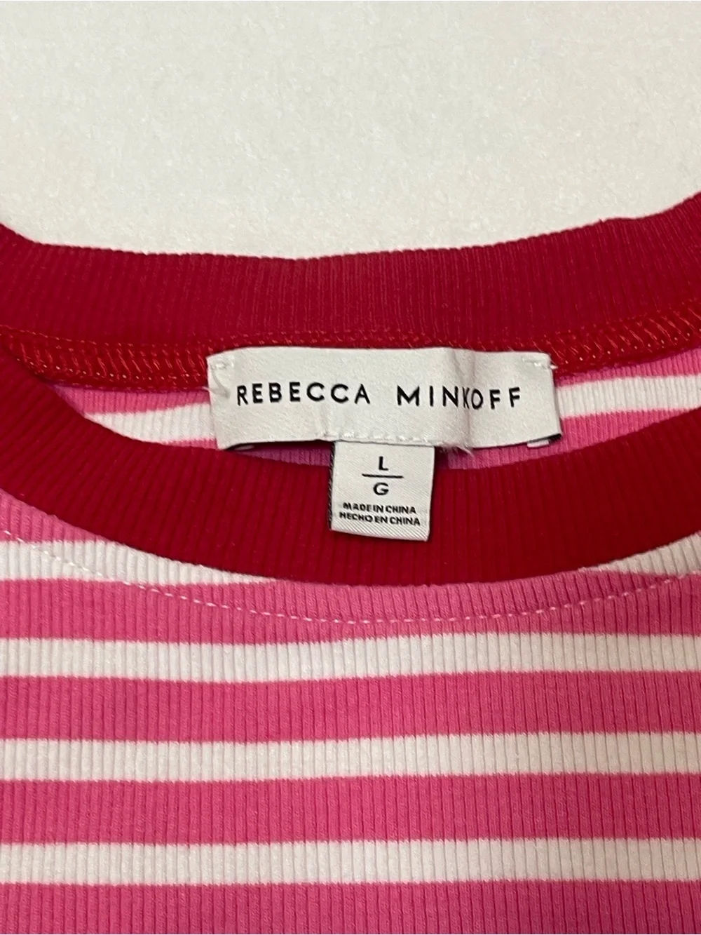 Rebecca Minkoff Pink White Striped Puff Sleeve Ribbed Knit Top Size Large